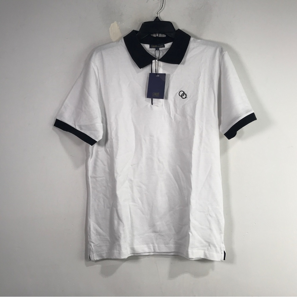 Cavalli Class Short Sleeve Logo Front Polo, Men's Size S - White/Black